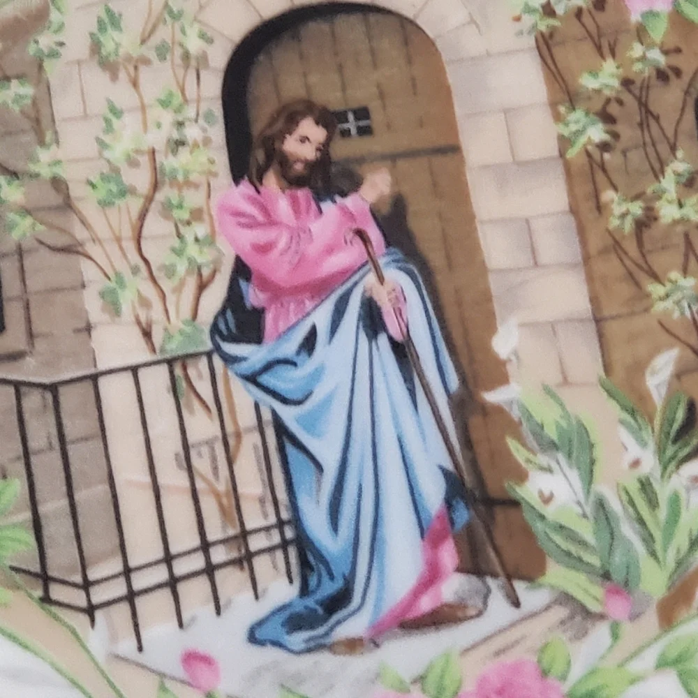 Jesus Knocking at the Door Decorative Plate Wall Hanger Gold Accents Revelation